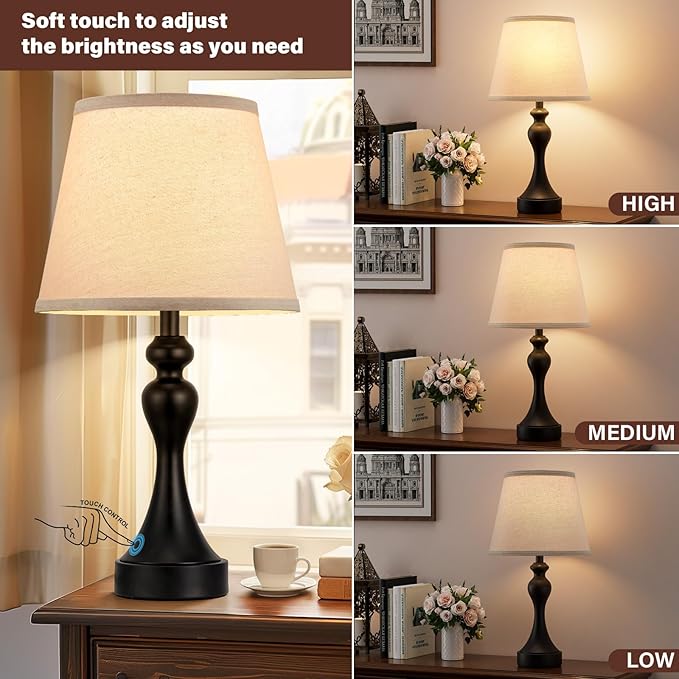Seealle Touch Lamps for Nightstand - Bedside Lamps Set of 2, 3 Way Dimmable, USB C+A for Bedroom & End Tables (LED Bulbs Included)