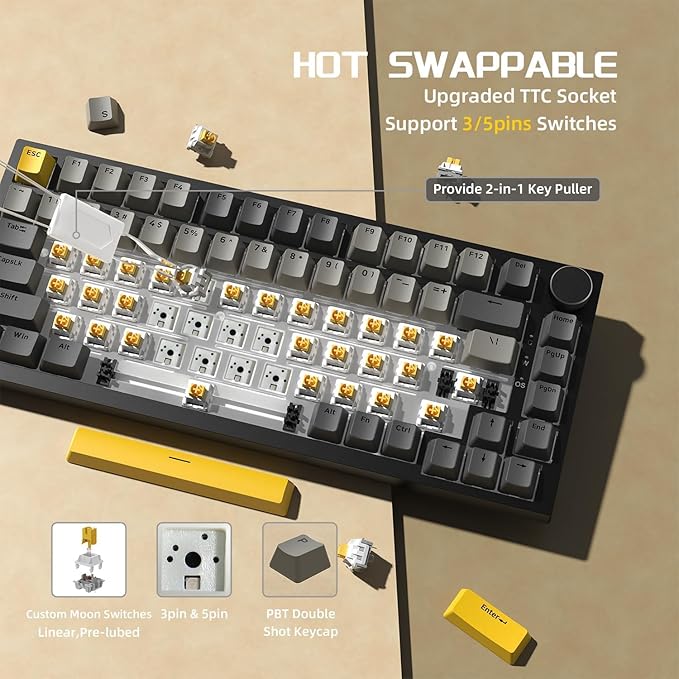 Attack Shark ajazz AK820 75% Wired Mechanical Gaming Keyboard Hot Swappable RGB Custom Keyboard Gasket Mount CNC Knob PBT Keycap Linear Moon Switch NKRO for PC/Win/Mac-Black/Grey