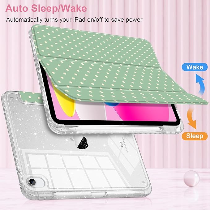 DONGKE for iPad Pro 11 inch Case – Fits M5 2025 / M4 2024, Shockproof Sparkling Glitter Acrylic Back, Pencil Holder, Trifold Stand, Auto Sleep/Wake & Touch ID Support - Green Polka Dot