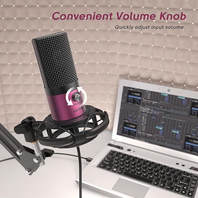 FIFINE Podcast Microphone Kit-USB PC Computer Recording Microphone, Condenser Mic Set for Streaming, Gaming, Voice-Over, Meeting, with Arm Stand, Shock Mount, Pop Filter-T669 Rose Red