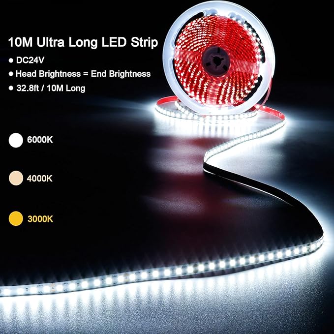DC 24V 32.8ft(10M) LED Strip Light Cool White 6000K 1200LEDs 2835 SMD 90W High Brightness 7200LM No-Waterproof Flexible Ribbon for Backyard Hallways Stairs Decoration Lighting(No Power Supply)