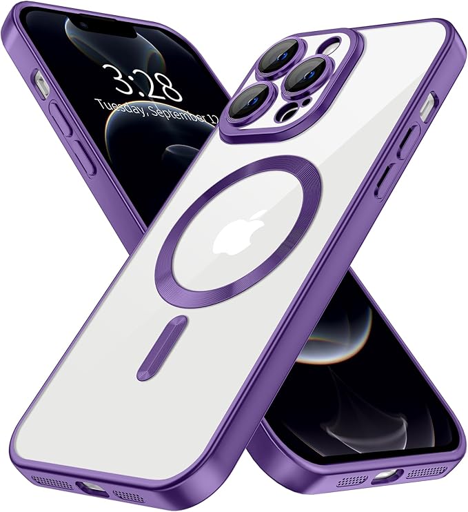 Hython Magnetic Clear for iPhone 12 Pro Case with Camera Lens Protector [Compatible with MagSafe] Luxury Plating Edge Slim Soft TPU Cover Protective Phone Case for iPhone 12 Pro 6.1", Matte Purple