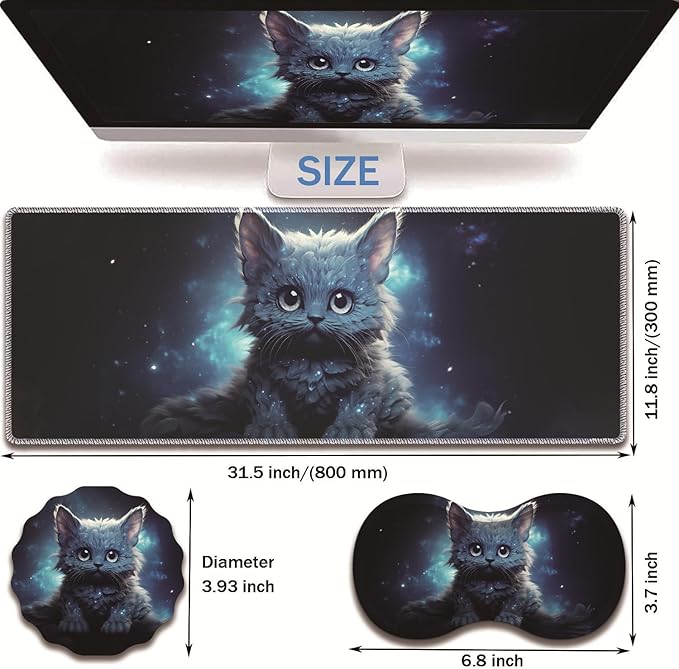 Extended Non-Slip Mouse Pad + Mouse Wrist Rest + Lace-Shaped Coaster Set, Ergonomic Design, Suitable for Desk and Home Gaming Table Mat, Galaxy Cat