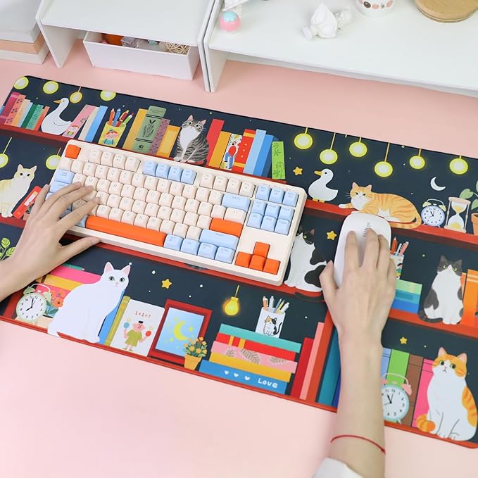 PERFECTSIGHT Cute Cat Desk Pad Kawaii Kitty Desk Mat, Large Gaming Mouse Pad, Funny Deskmat Mousepad, Anime Laptop Keyboard Pad Office Home Decor for Women Girls, Black
