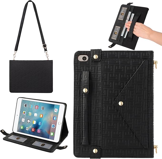 Handbag Case for iPad mini 5th 4th 3rd 2nd 1st Generation (Prior to 2019), Techcircle Elegant Crossbody Folio Stand Wallet Case with Pencil Holder, Card Slots, Hand Strap, Shoulder Strap, Black