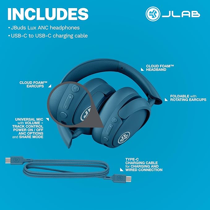 JLab JBuds Lux ANC, Over Ear Headphones, Active Noise Cancelling, Bluetooth, Limited Edition Navy