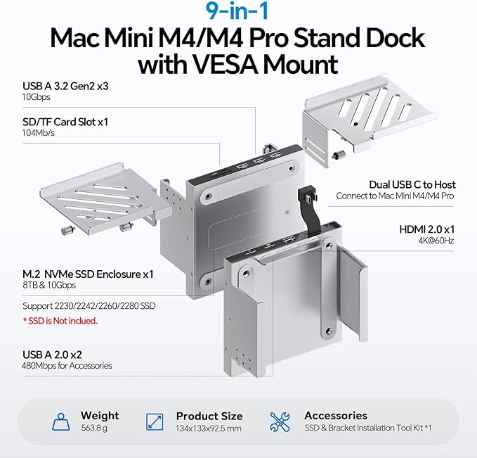 Mac mini M4 Dock & Stand with M.2 NVMe 8TB SSD Enclosure, Macmini M4 Hub with HDMI 4K 60Hz, 3 USB-A 10Gbps for Mac mini M4/M4 Pro 2024, Metal Bracket Holder for Monitor, Desk and VESA Port