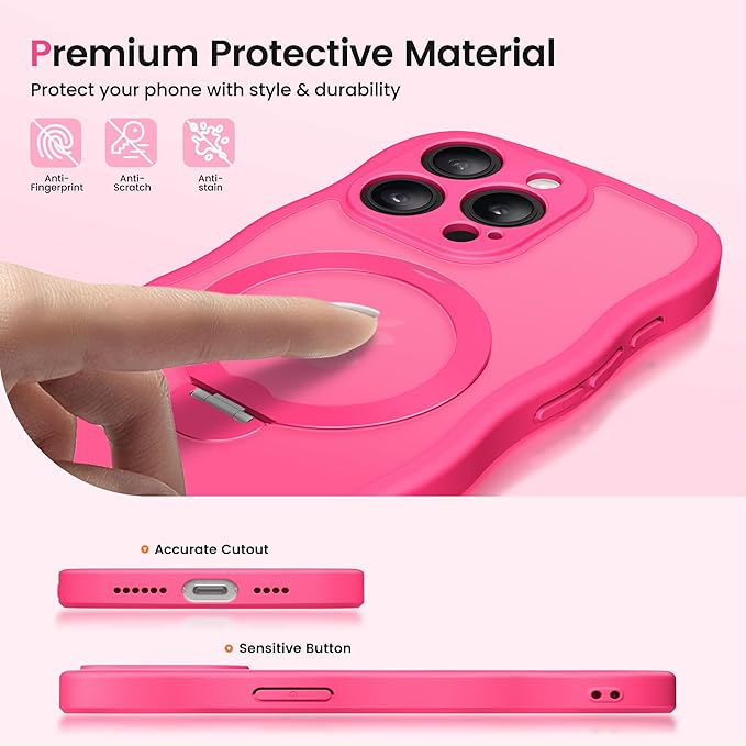 CAPRARO for iPhone 13 Pro Case with 360° Spin Magnetic Stand for Women, [Compatible with MagSafe] [Full Camera Protection] Cute Wave Translucent Matte Case for iPhone 13 Pro, Hot Pink