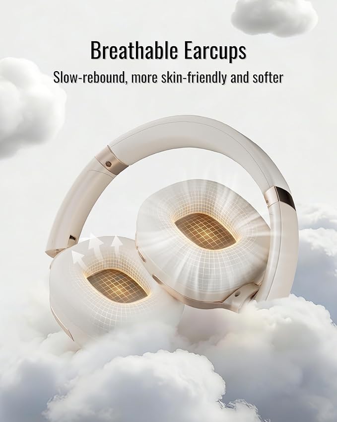 Hybrid Active Noise Cancelling Headphones, Wireless Over Ear Bluetooth, 50H Long ANC Playtime, Rotatable and Foldable, HiFi Audio Deep Bass, Customized EQ via APP, Transparency Mode (Off White)