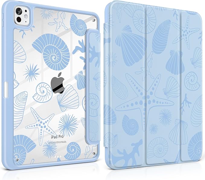 Case for iPad Pro 11 inch (M5) 2025 (M4) 2024 Release Slim Lightweight Cute Light Blue Cover with Clear Back TPU Edge Pencil Holder Trifold Stand, Starfish and Shells