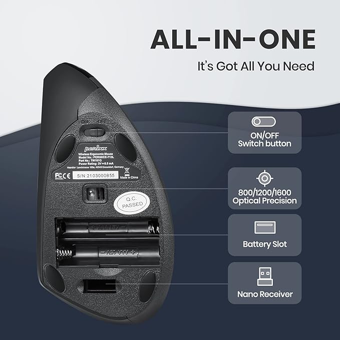 Perixx PERIMICE-713L, Wireless Ergonomic Left Handed Vertical Mouse, 6 Buttons Design, 3 Level DPI, Black, Medium