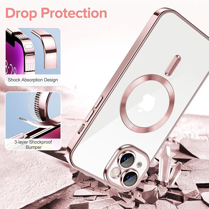 Hython Magnetic Clear for iPhone 14 Plus Case with Camera Lens Protector [Compatible with MagSafe] Luxury Plating Edge Slim Soft TPU Cover Protective Phone Case for iPhone 14 Plus 6.7", Pink