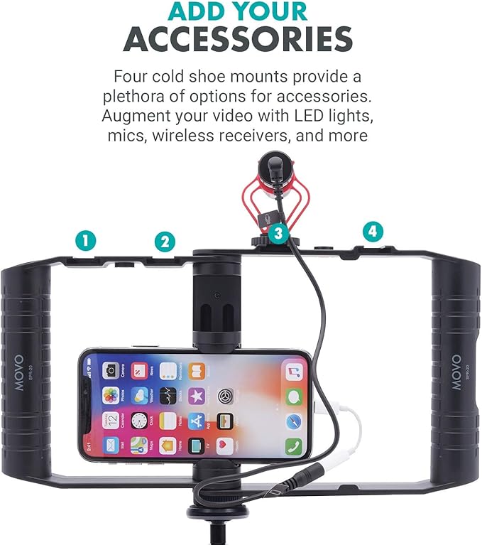 Movo SPR-20 Foldable Smartphone Video Rig Cage with Cold Shoe Mounts for Microphone or LED Light - Vlogging Mount Compatible with iPhone, Android - Smartphone Video Stabilizer Grip - Filming Equipment