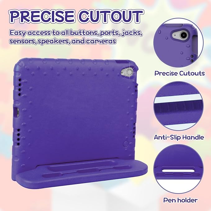 Kids Case for iPad A16 11th (2025)/iPad 10th Gen (2022) with Pencil Holder & Handle Stand, Super Protection EVA Toddler-Friendly Cover for iPad 11"(A16)/iPad 10th Generation 10.9"-Purple