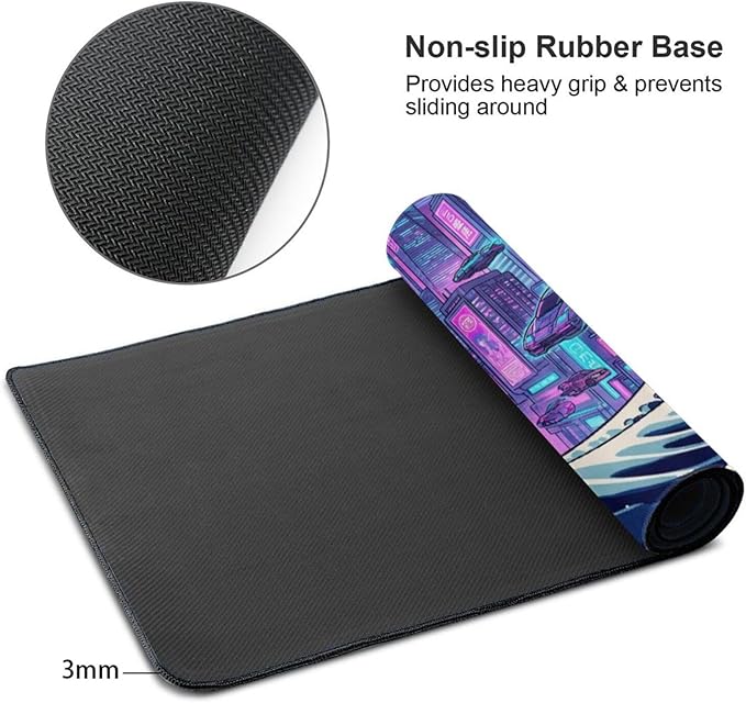 AQQA Cyberpunk Great Wave Gaming Mouse Pad - Japanese Aesthetic Large Desk Mat - XXL Extended Mousepad for Gamers, Neon Retro Wave City Art, Water-Resistant Non-Slip Rubber Base, 31.5"x15.7"