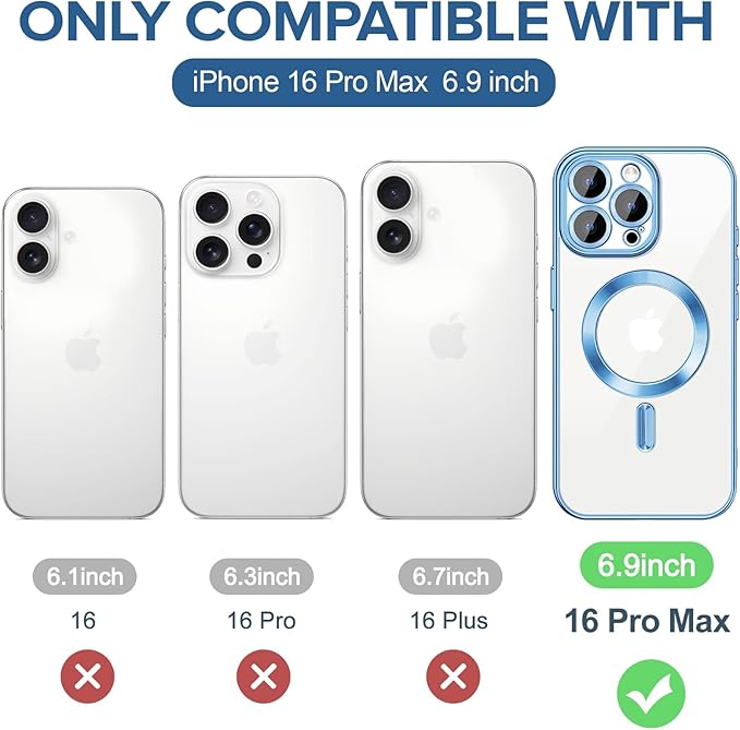 Hython Magnetic Clear for iPhone 16 Pro Max Case with Camera Lens Protector [Compatible with MagSafe] Plating Edge Slim Soft TPU Cover Protective Phone Case for iPhone 16 Pro Max 6.9", Light Blue