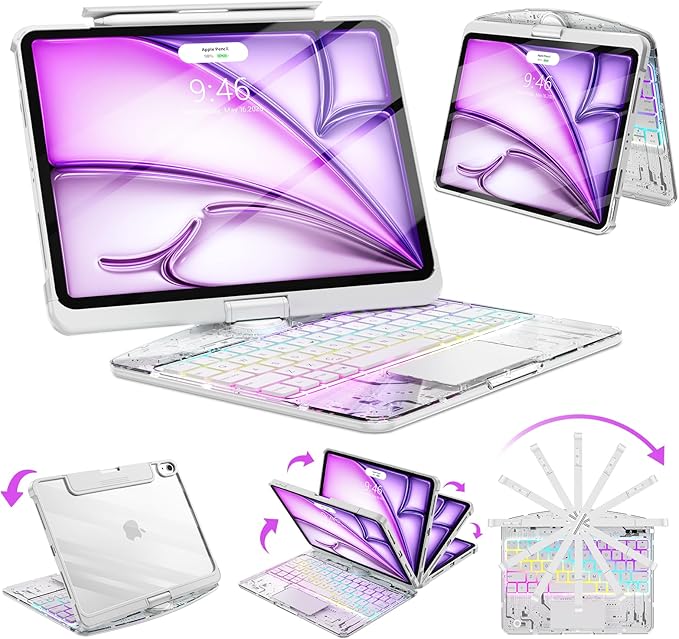 SIBEITU Clear Wireless Keyboard Case for iPad Air 13-inch M4/M3/M2 (2026/20252024) & iPad Pro 12.9-inch 6th 5th 4th 3rd Gen, Precision Trackpad & 7-Color Backlit, Pencil Holder, 360°Rotatable, White