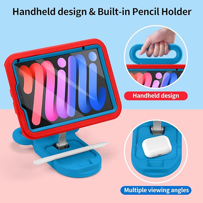Kids Case for iPad mini 7 (A17 Pro) 2024 / iPad mini 6 2021, Child Friendly Case with Adjustable Portrait/Landscape Stand,Heavy Duty Cover with Screen Protector for iPad mini 7/6 8.3 inch(Redblue)