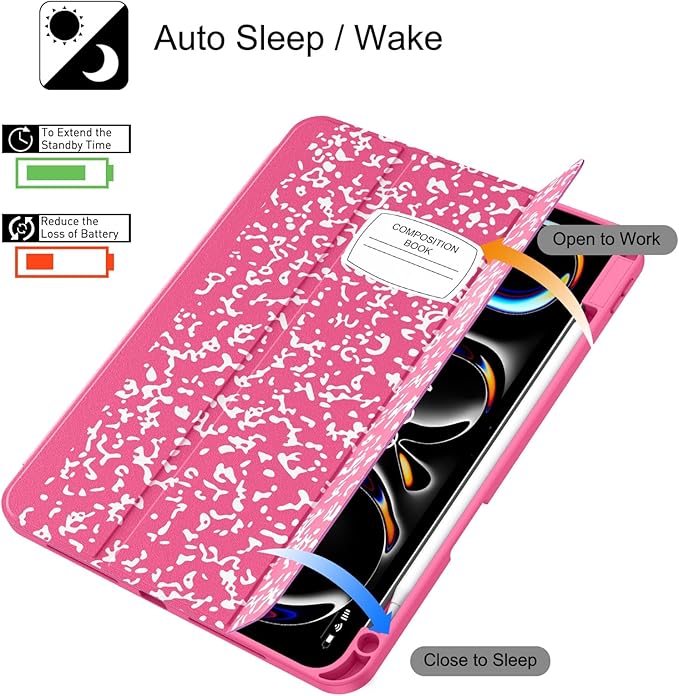 Soke Case for New iPad Pro 11 Inch (M5/M4) 5th Generation 2024-2025 with Pencil Holder - [Shockproof + Apple Pencil Charging + Auto Wake/Sleep], Soft TPU Back Cover for iPad Pro 11", Book Hot Pink