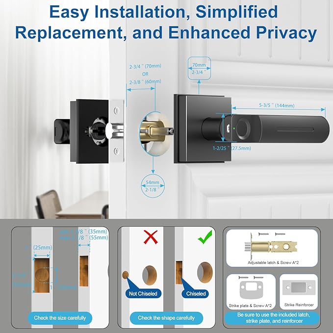 Fingerprint Door Lock & Biometric Door Knob with App – 3-in-1 Keyless Entry Smart Door Lock with Auto-Lock & Interior Lockable, Secure Your Home, Office, Bedroom & Apartment Black