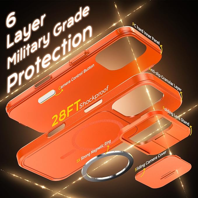 TOCOL for iPhone 16 Pro Case with Slide Camera Cover, Kickstand and Camera Control Button, Fit for MagSafe, Rugged Solid Phone Case, Non-Slip, Drop Protection, Orange