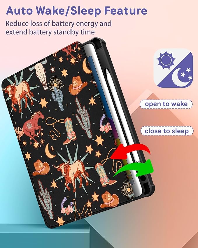 Uppuppy for iPad 9th/8th/7th Generation Case for iPad Air 3rd/ Pro 10.5” Case - 360 Rotating Stand Folio Smart Cover with Pencil Holder for Women, Western Cowboy for Apple Tablet 7/8/9 Gen 10.2 inch