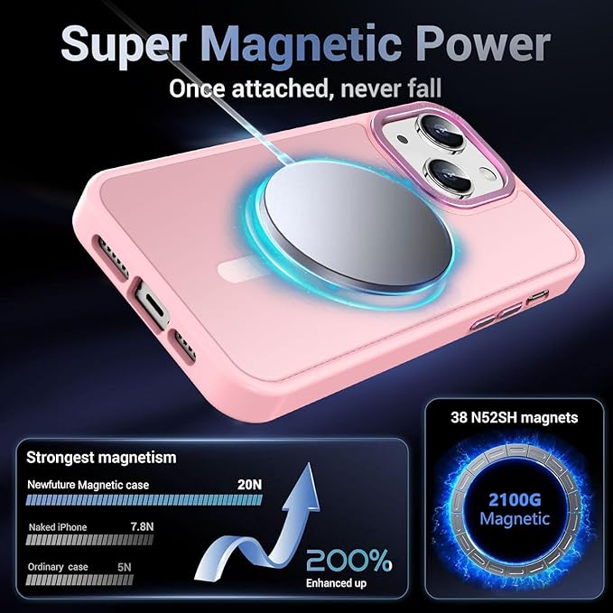 Newfuture Designed for iPhone 13 Case & iPhone 14 Case with Magnetic [13 FT Military Drop Protection] [Compatible with Magsafe] Translucent Shockproof with Anti-Fingerprint Phone Case, Tender Pink