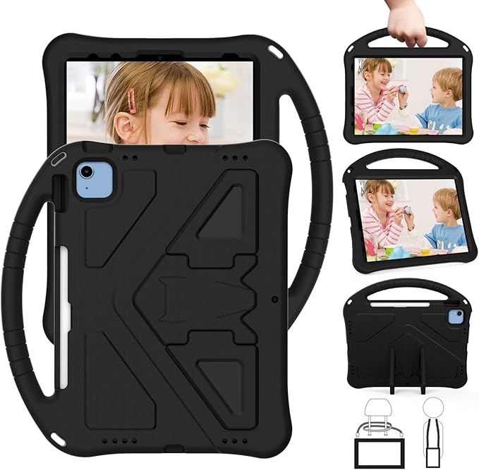 Shockproof Case for Apple iPad A16 11 Inch 2025 11th Gen/iPad 10th Generation 2025 10.9", with Shoulder Strap Soft EVA Handle Design Foldable Kickstand Kids Friendly Cover for Girls Boys, Black