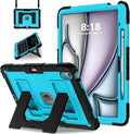 Kids Friendly Case for iPad Air 13 Inch M4 M3 M2 2026/2025/2024 Case with Pencil Holder & Shoulder Strap, Military Grade Shockproof Kickstand Hard Shell Protective Cover,Black+Blue