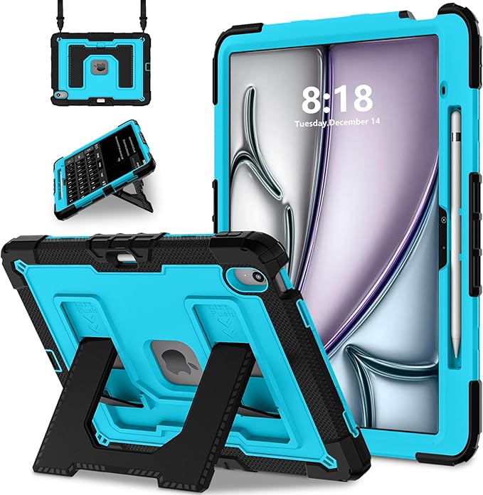 Kids Friendly Case for iPad Air 13 Inch M4 M3 M2 2026/2025/2024 Case with Pencil Holder & Shoulder Strap, Military Grade Shockproof Kickstand Hard Shell Protective Cover,Black+Blue