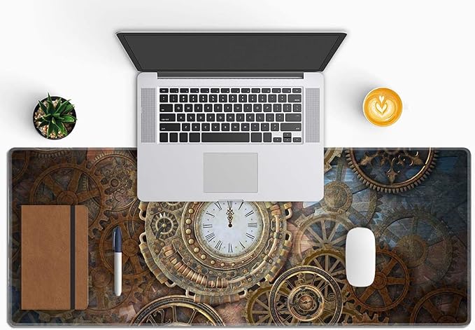 Gaming Mouse Pad, XL Extended Computer Keyboard Long Mouse Mat, Large Desk Pad for Office Laptop, Non-Slip Rubber Base with Stitched Edge Mousepad, 31.5X11.8 inch Rusty Steampunk with Clock