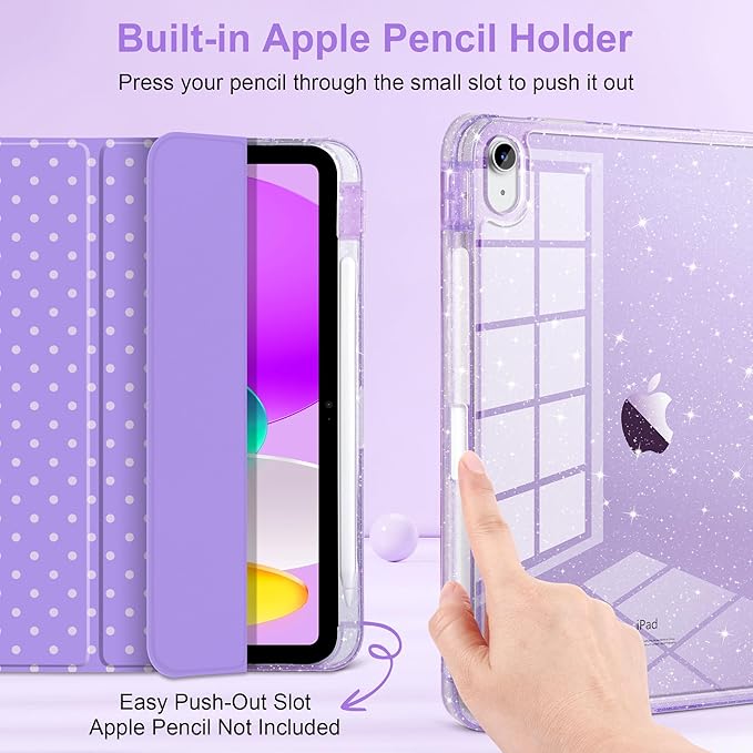 DONGKE for iPad Pro 11 inch Case – Fits M5 2025 / M4 2024, Shockproof Sparkling Glitter Acrylic Back, Pencil Holder, Trifold Stand, Auto Sleep/Wake & Touch ID Support - Purple Polka Dot