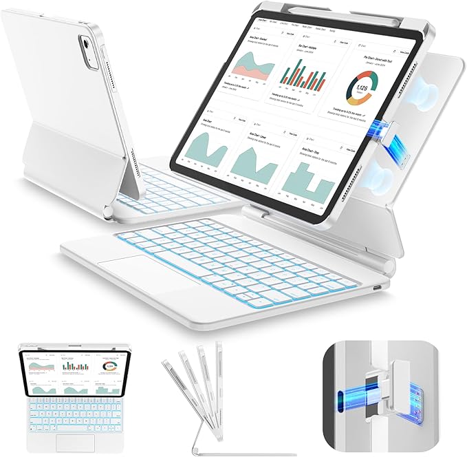 SIBEITU for iPad Air 11 Inch Case with Keyboard M4/M3/M2 (2026/2025/2024) & iPad Pro 11” 2018-2022/Air 5th/4th Gen, Detachable Case with Contact Connector, Magnetic Stand, Backlit Keyboard, White
