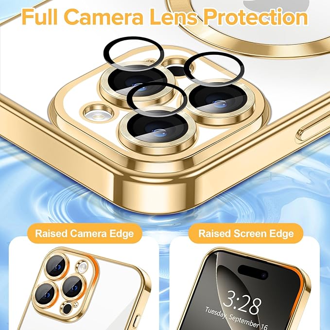 Hython Magnetic Clear for iPhone 16 Pro Case with Camera Lens Protector [Compatible with MagSafe] Luxury Plating Edge Slim Soft TPU Cover Protective Phone Case for iPhone 16 Pro 6.3", Gold