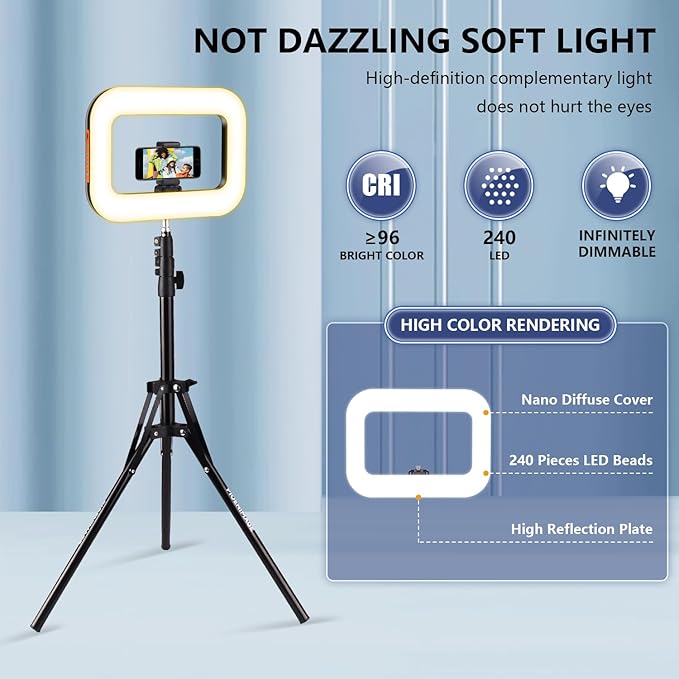 Rechargeable Portable Ring Light for Phone, LED Smartphone Light, Phone Video Stabilizer, Square Ring Light for Photography, Video Recording, Live Stream
