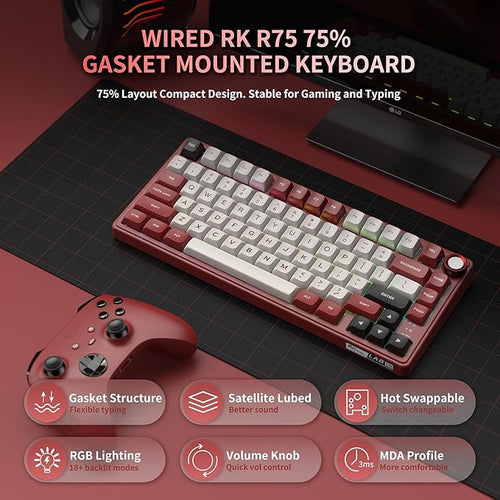RK ROYAL KLUDGE R75 Mechanical Keyboard Wired with Volume Knob, 75% Keyboard Gasket Mounted, RGB Backlit, Creamy Keyboard with MDA Profile, PBT Keycaps, Hot Swappable Pre-lubed Linear Switch