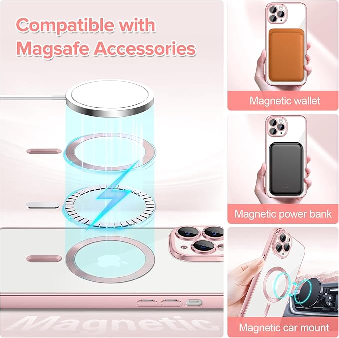 Hython Magnetic Clear for iPhone 11 Pro Max Case with Camera Lens Protector [Compatible with MagSafe] Plating Edge Slim Soft TPU Cover Protective Phone Case for iPhone 11 Pro Max 6.5", Matte Pink