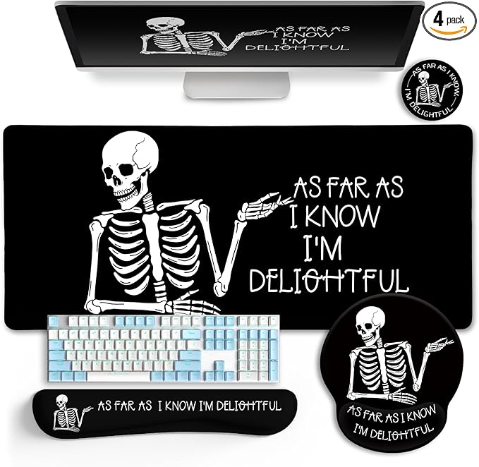LIMKRIAN Ergonomic Mouse Pad with Wrist Rest Desk Mat Set, Skeleton Gaming Mouse Pads, Keyboard Mat Wrist Rest Cup Coaster, Funny Office Desk Accessories