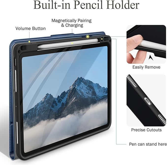 auaua Case for iPad Pro 11 Inch (M5/M4) 2025/2024, with Pencil Holder and Pocket, Multiple Angles Viewing, Magnetic Closure, Auto Sleep/Wake (Blue)