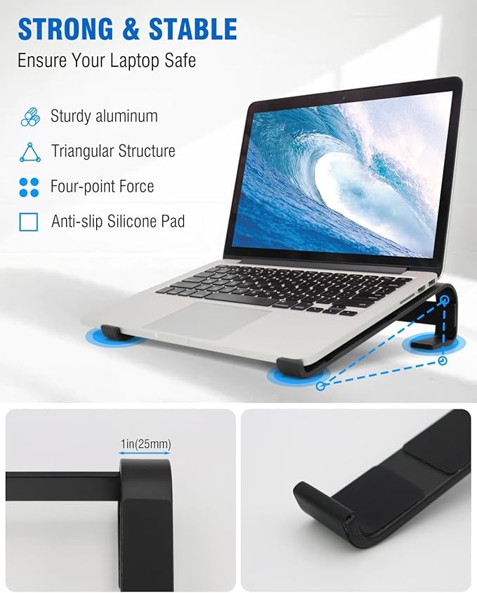 Ventilated Laptop Stand for Desk, Ergonomic Aluminum Laptop Riser, Computer Stand for Laptop, Compatible with MacBook Air Pro, Dell, HP, More 11-17.3 Inches Notebook, Work from Home (Black)