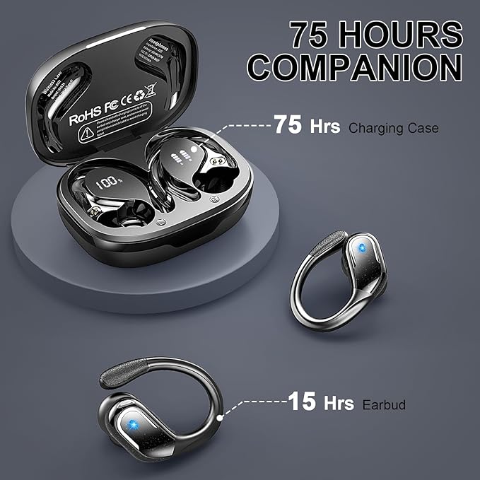 Wireless Earbuds, Sport Bluetooth 5.4 Headphones 2026 New Bluetooth Earbuds with 75Hrs Stereo, 4 ENC Mic, Noise Canceling Over-Ear Buds with Earhooks, IP7 Waterproof Earphones for Workout/Running/Gym