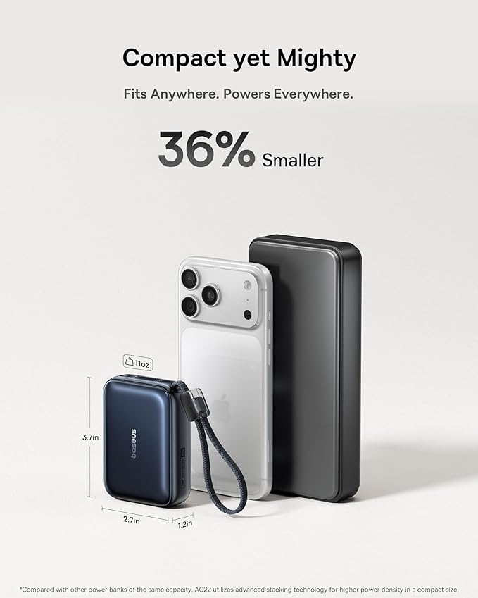 Baseus PicoGo AC22 Mini Power Bank, 20000mAh 45W PD Portable Charger Built-in USB-C Cable, Travel Essential Compact Battery Pack, Fast Charging Battery Bank for iPhone 17/16/15 Samsung S25 Pixel iPad