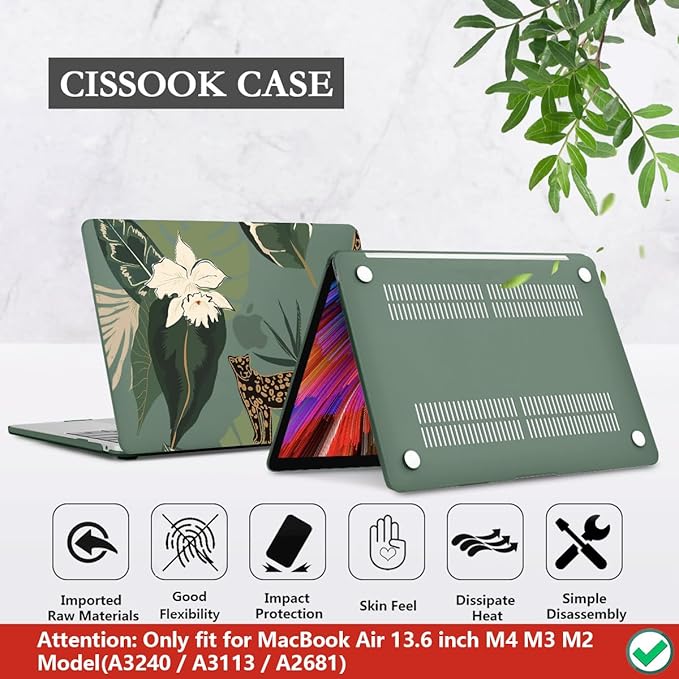 CISSOOK for MacBook Air 13.6 Inch Case 2024 2025 2026 Model A3449 A3240 A3113 A2681, Panther Leopard Midnight Green Cover with Keyboard Cover for MacBook Air 13.6 M2 M3 M4 M5 - Leopard