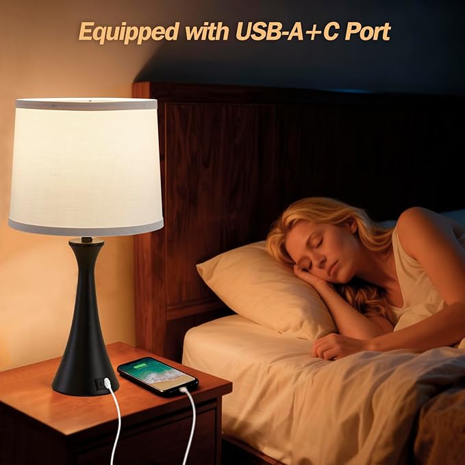 Touch Lamp for Living Room Bedroom, 21" Table Lamps Set of 2 with USB C+A Ports and White Lamp Shades, Touch Bedside Lamps for Nightstand with 3 Way Dimmable, 2 LED Bulbs Included