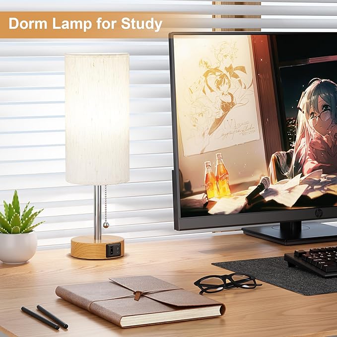 PartageiZ Small Table Lamp for Bedroom Nightstand - Bedside Lamp with USB A + C Charging Port, 3 Color Temperatures Pull Chain Night Stand Light, Wood Base Desk Reading Lamp for Class Room/Nursey
