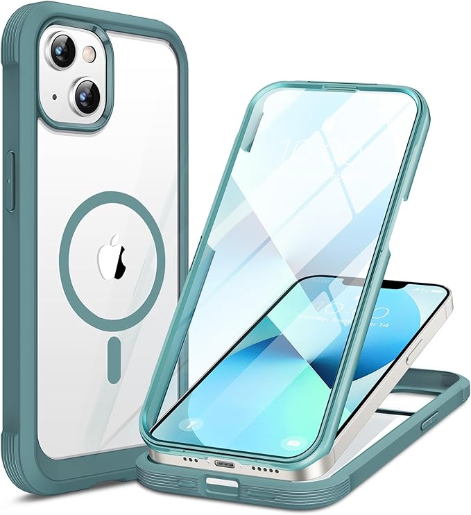 Miracase for iPhone 13 Case 6.1'',Full-Body Magnetic Clear Bumper Case with Built-in 9H Tempered Glass Screen Protector,Military Drop Protection Outdoor Phone Case,Teal