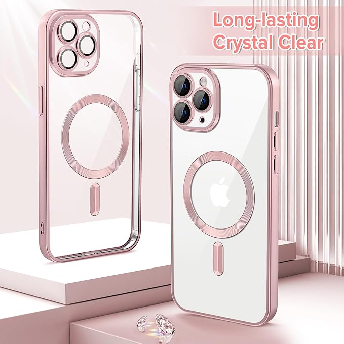Hython Magnetic Clear for iPhone 11 Pro Max Case with Camera Lens Protector [Compatible with MagSafe] Plating Edge Slim Soft TPU Cover Protective Phone Case for iPhone 11 Pro Max 6.5", Matte Pink