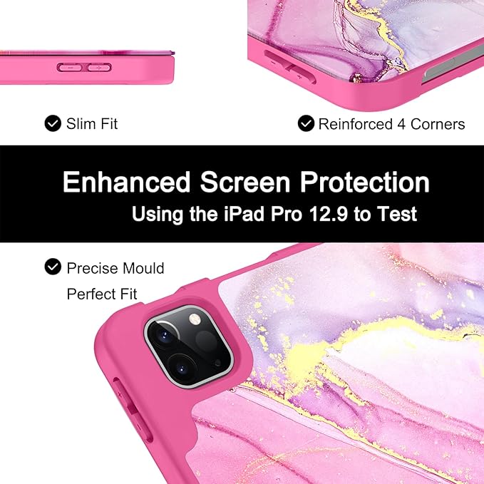 Soke Case for iPad Air 13 Inch (M4/M3/M2,2026-2024), iPad Pro 12.9" 6th/5th Generation with Pencil Holder(2021 2022 Release)-[Apple Pencil Charging + Auto Wake/Sleep] Soft Back Cover, Hot Pink Marble