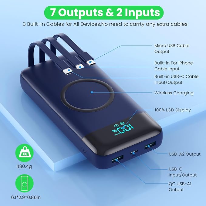 Wireless Portable Charger 40800mAh with 3 Built-in Cables,7-in-1 15W Wireless Charging Power Bank,25W PD QC 4.0 USB C Fast Charging Travel Essential Battery Pack for iPhone 17/16/15/13/12,Android-Blue