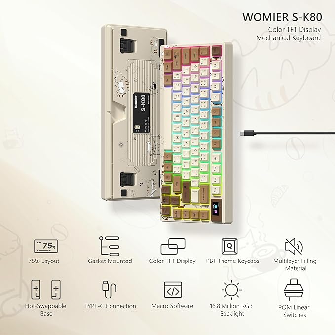 Womier SK80 Retro 75% Keyboard with Color Multimedia Display Mechanical Gaming Keyboard, Hot Swappable Gasket Mount RGB Custom Key Board, Pre-lubed Stabilizer for Mac/Win,Coffee Cat